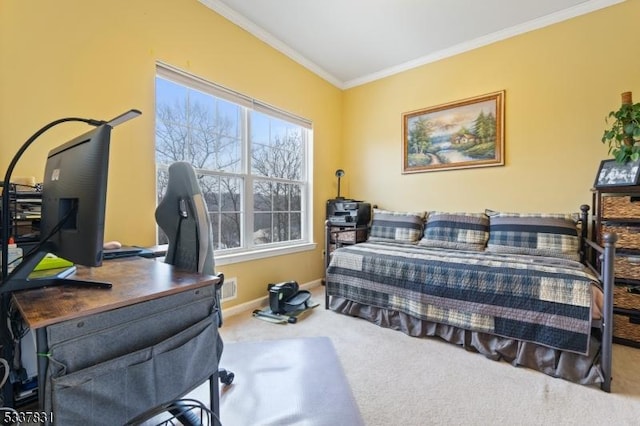 carpeted bedroom featuring baseboards and crown molding