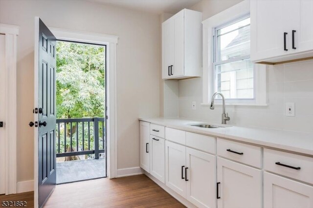 kitchen with white cabinetry, sink, and hardwood / wood-style floors