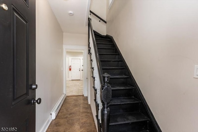 stairway with a baseboard radiator