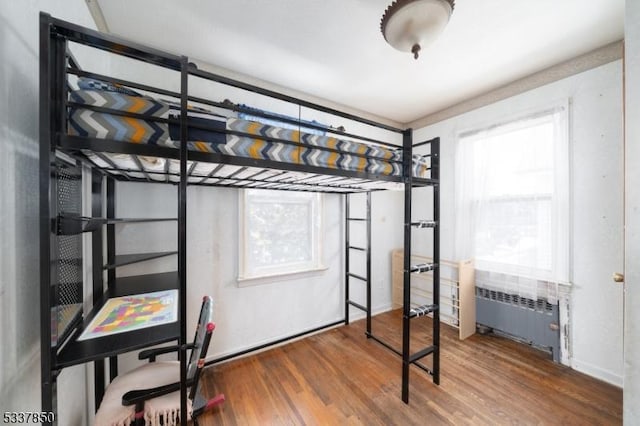 bedroom featuring wood-type flooring, radiator, and multiple windows