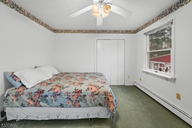 carpeted bedroom featuring ceiling fan, baseboard heating, and a closet