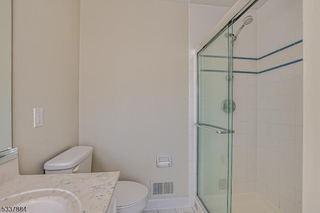 bathroom with vanity, toilet, visible vents, and a stall shower