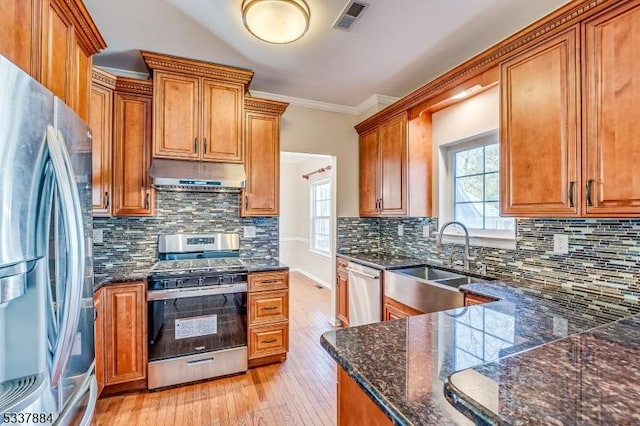 kitchen with visible vents, under cabinet range hood, dark stone counters, stainless steel appliances, and a sink