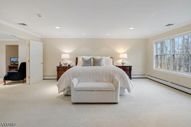 bedroom with baseboard heating, visible vents, ornamental molding, and light colored carpet