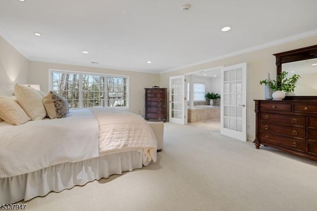 bedroom featuring ornamental molding, recessed lighting, french doors, and light colored carpet