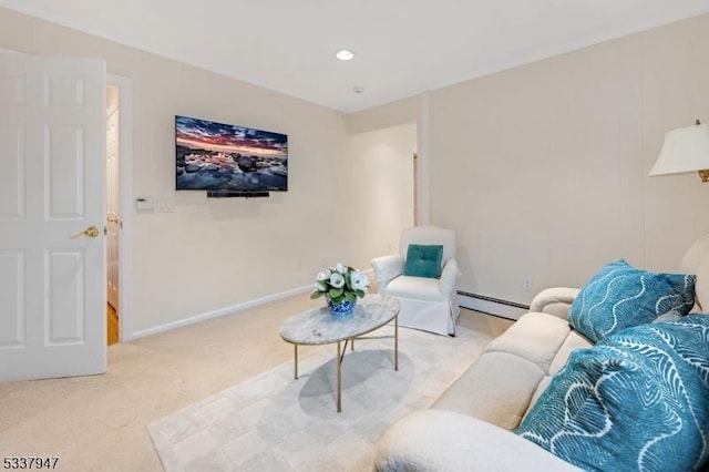 living area featuring recessed lighting, baseboards, light carpet, and baseboard heating