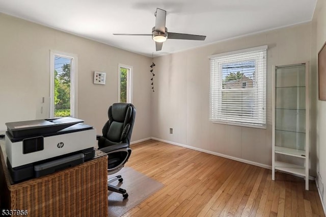 home office with ceiling fan and light hardwood / wood-style floors