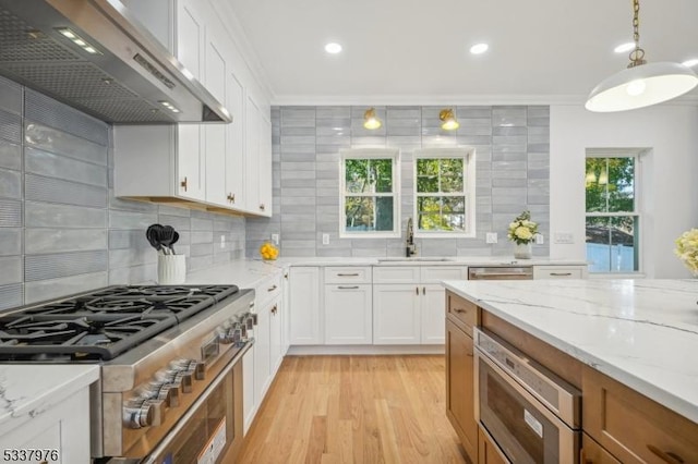 kitchen featuring pendant lighting, sink, appliances with stainless steel finishes, white cabinetry, and ventilation hood