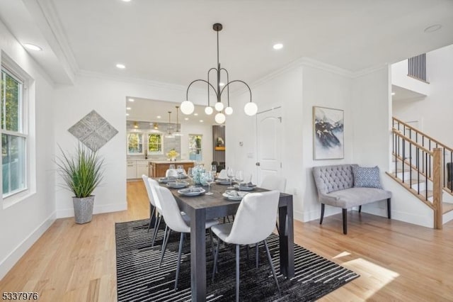 dining area featuring ornamental molding, a healthy amount of sunlight, and light hardwood / wood-style floors