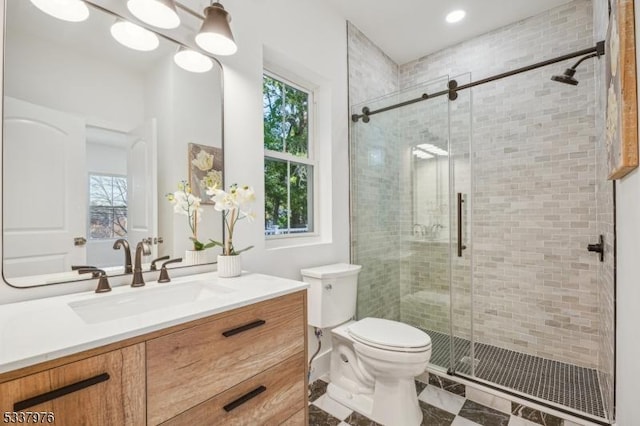 bathroom with vanity, toilet, and an enclosed shower