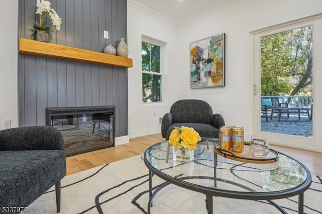 living area featuring light hardwood / wood-style flooring and ornamental molding