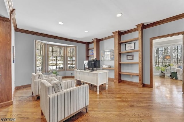 office with recessed lighting, light wood-type flooring, baseboards, and ornamental molding