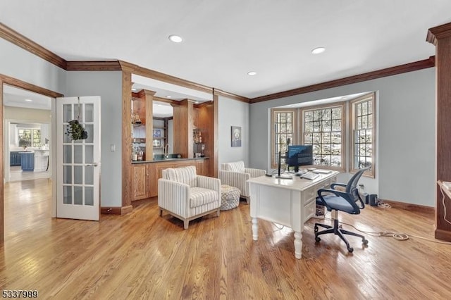 home office with light wood finished floors, baseboards, ornamental molding, recessed lighting, and french doors