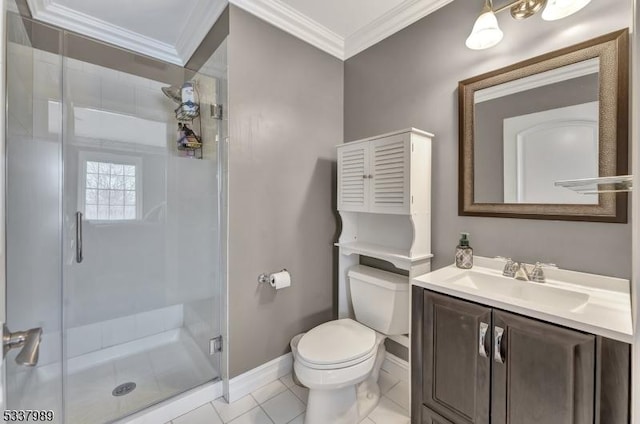 bathroom featuring baseboards, toilet, ornamental molding, a stall shower, and vanity