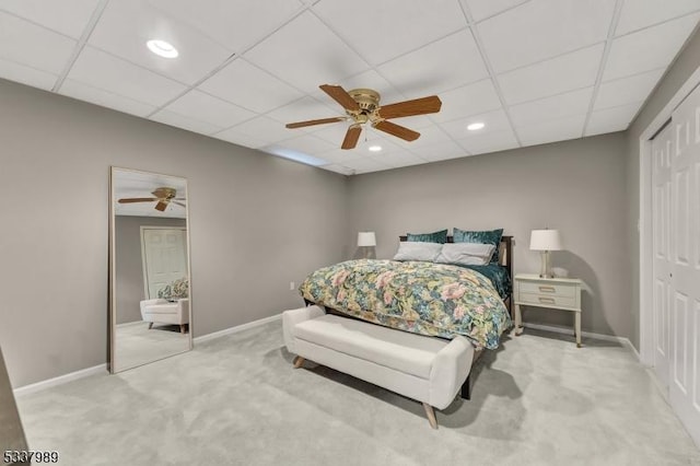 bedroom featuring ceiling fan, baseboards, carpet, recessed lighting, and a closet