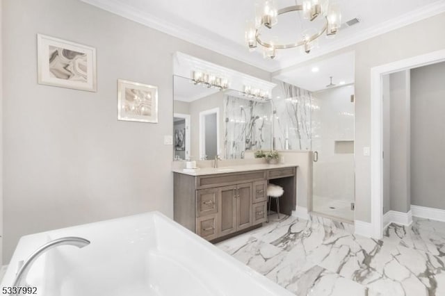 full bath with marble finish floor, a shower stall, ornamental molding, and vanity