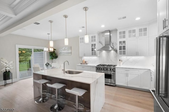 kitchen with high end stainless steel range, white cabinets, a sink, wall chimney range hood, and an island with sink