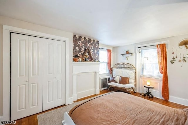 bedroom with hardwood / wood-style flooring and a closet