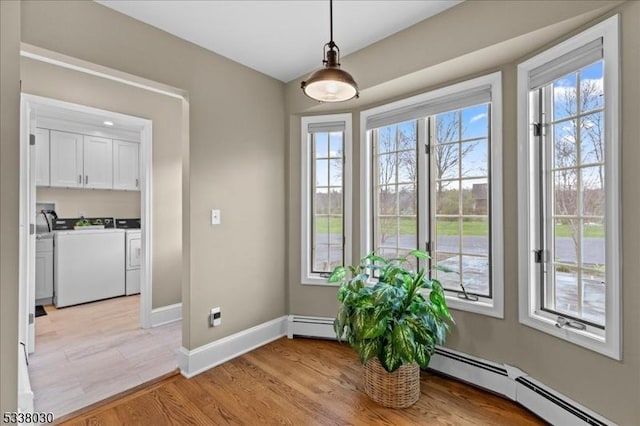 94 Brookville Hollow Rd, Delaware Twp, NJ 08559 - entryway featuring baseboards, a baseboard heating unit, light wood finished floors, and washing machine and dryer