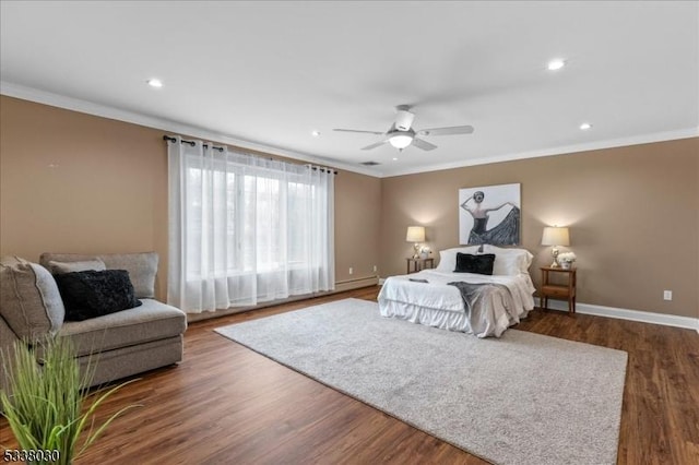 94 Brookville Hollow Rd, Delaware Twp, NJ 08559 - bedroom featuring ornamental molding, wood finished floors, baseboards, ceiling fan, and recessed lighting