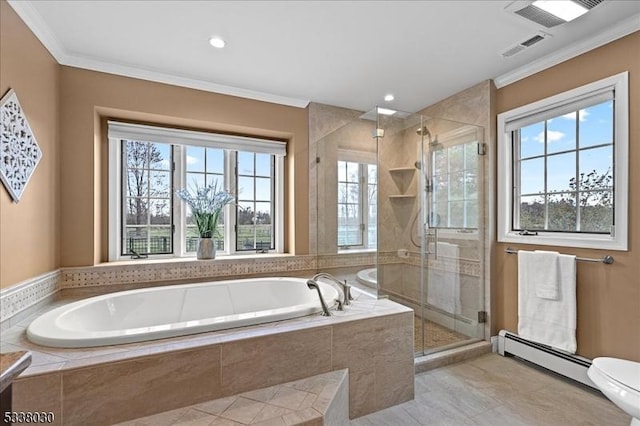 94 Brookville Hollow Rd, Delaware Twp, NJ 08559 - bathroom with a garden tub, visible vents, crown molding, a stall shower, and a baseboard heating unit
