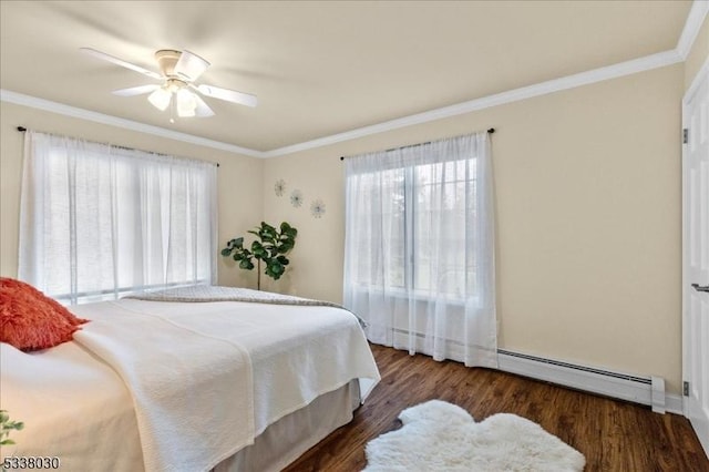 94 Brookville Hollow Rd, Delaware Twp, NJ 08559 - bedroom featuring ornamental molding, a baseboard radiator, a ceiling fan, and wood finished floors