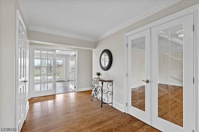 94 Brookville Hollow Rd, Delaware Twp, NJ 08559 - doorway with baseboards, ornamental molding, french doors, and wood finished floors