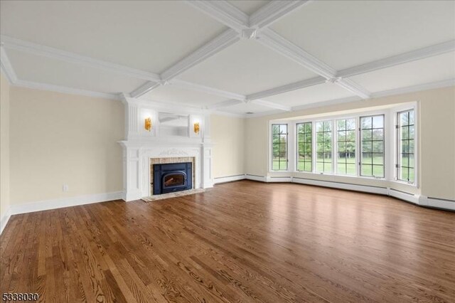 94 Brookville Hollow Rd, Delaware Twp, NJ 08559 - unfurnished living room with a fireplace with flush hearth, baseboards, coffered ceiling, and wood finished floors