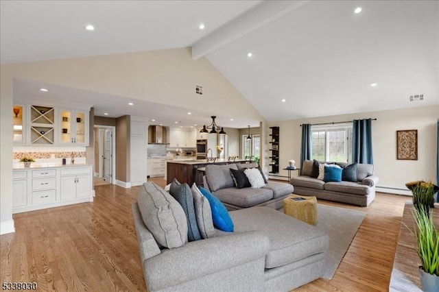 94 Brookville Hollow Rd, Delaware Twp, NJ 08559 - living area with bar, visible vents, beam ceiling, high vaulted ceiling, and light wood-style floors