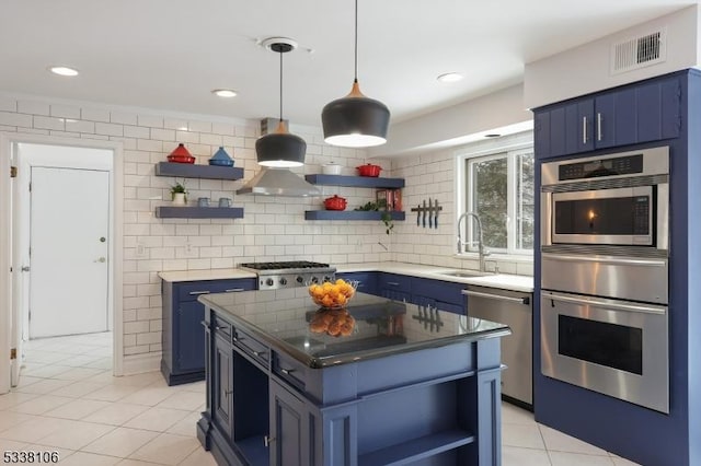 kitchen featuring blue cabinets, stainless steel appliances, and sink