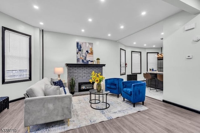 living room featuring a fireplace and light hardwood / wood-style floors