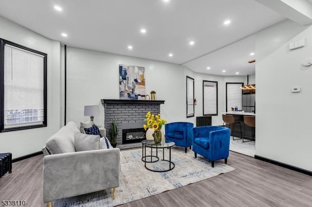 living room featuring a fireplace and light wood-type flooring