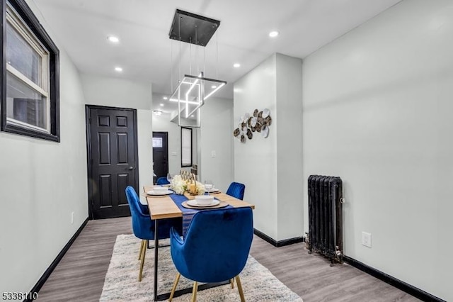 dining area with hardwood / wood-style flooring and radiator heating unit