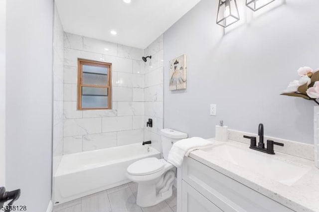 full bath with toilet, recessed lighting, tub / shower combination, and vanity