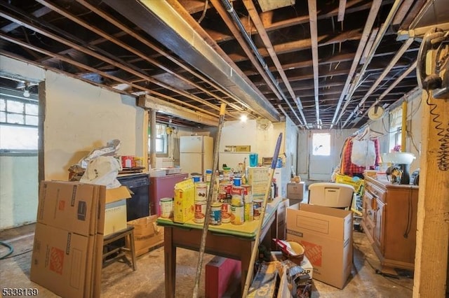 basement with white fridge