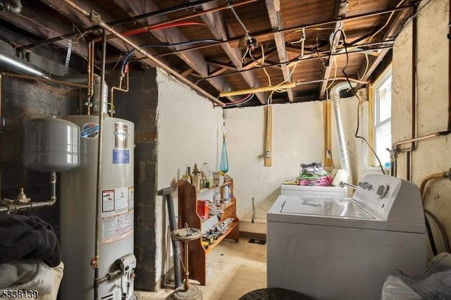 interior space with washer and clothes dryer and water heater