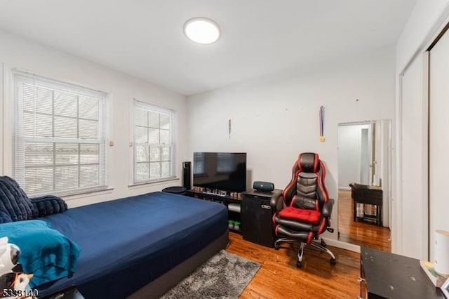 bedroom with hardwood / wood-style floors and a closet