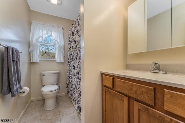 bathroom featuring vanity, tile patterned flooring, toilet, and baseboards