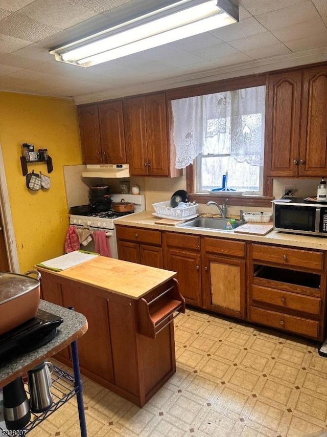 kitchen with sink and white gas range oven