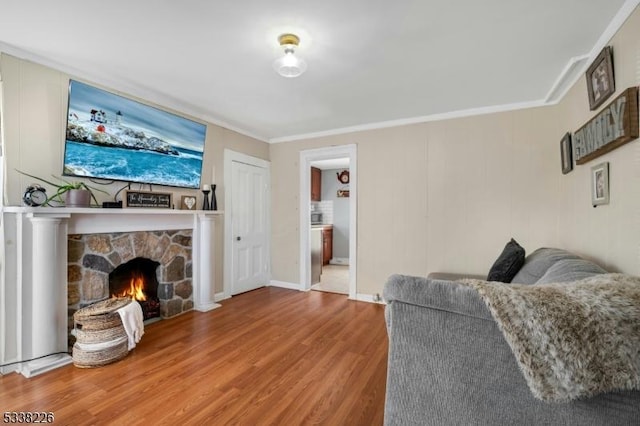 living room with a fireplace, wood finished floors, and crown molding