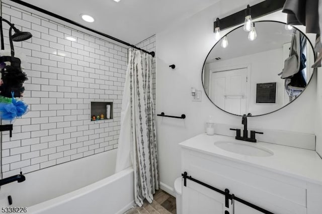 147 E Main St, Rockaway Boro, NJ 07866 - bathroom featuring shower / bathtub combination with curtain, vanity, toilet, and wood finished floors