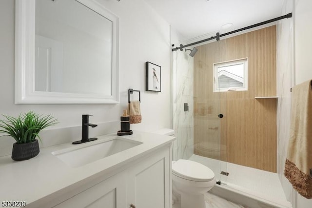 bathroom with vanity, toilet, and a shower with shower door