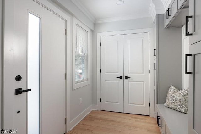 mudroom featuring crown molding and light wood-type flooring