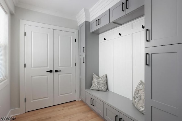 mudroom featuring ornamental molding and light hardwood / wood-style floors