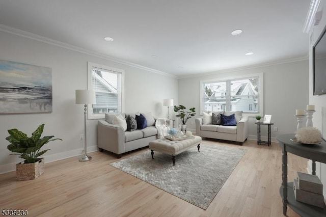 living room with crown molding and light hardwood / wood-style floors