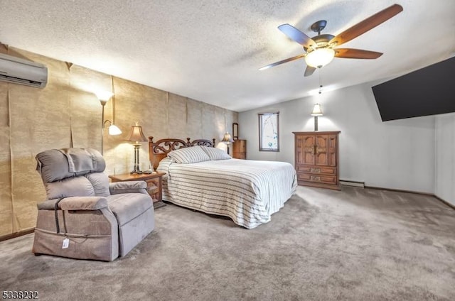 carpeted bedroom featuring vaulted ceiling, a textured ceiling, a baseboard radiator, a wall unit AC, and ceiling fan