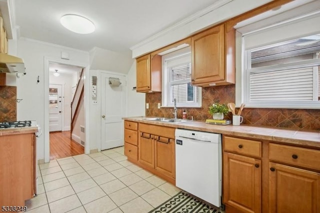 kitchen with under cabinet range hood, a sink, ornamental molding, and white dishwasher