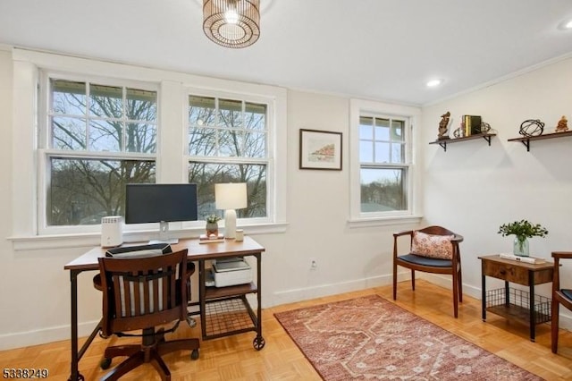 home office featuring plenty of natural light, recessed lighting, and baseboards