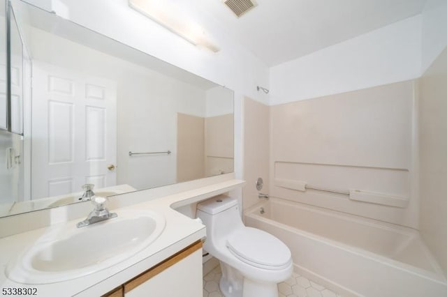 full bath featuring toilet, shower / bath combination, vanity, and visible vents