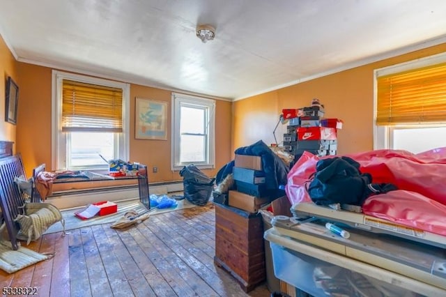 interior space with crown molding and wood-type flooring